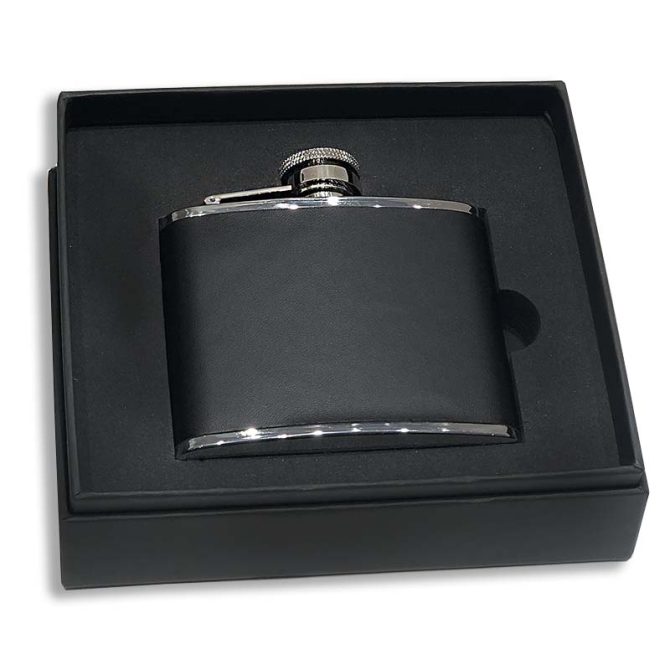 4oz Stainless Steel And Black Leather Captive Top Hip Flask - Image 2