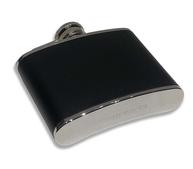 4oz Stainless Steel And Black Leather Captive Top Hip Flask