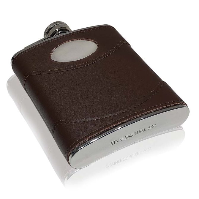 Brown Leather 6oz flask with engravable plate gift set - Image 3
