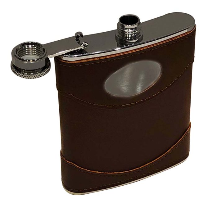 Brown Leather 6oz flask with engravable plate gift set - Image 2