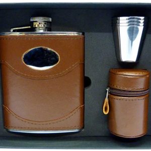 Brown Leather 6oz flask with engravable plate gift set