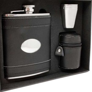 Black Leather 6oz flask with engravable plate gift set