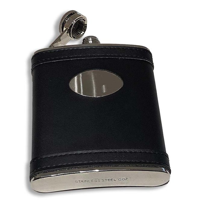 Black Leather 6oz flask with engravable plate - Image 2