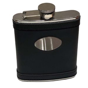 Black Leather 6oz flask with engravable plate