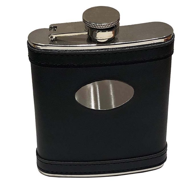 Black Leather 6oz flask with engravable plate